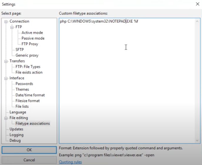 Changing the Default Editor in FileZilla