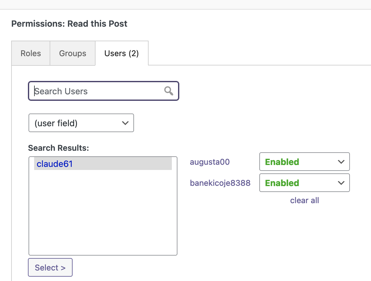 Permissions for a user 
